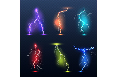 Realistic bolt. Electricity colored symbols danger glowing light elect