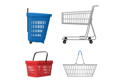 Shopping cart realistic. Grocery bag for retail product decent vector