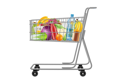 Shopping cart with products. Supermarkets grocery full bags with fresh