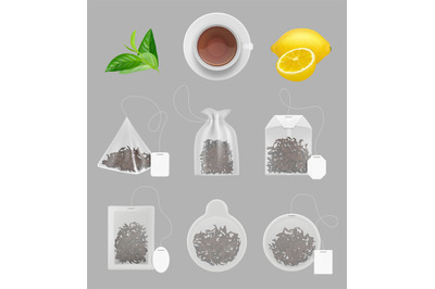 Tea bags collection. Realistic templates of green and black transparen