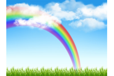 Sunny background. Green grass blue sky with clouds and rainbow decent