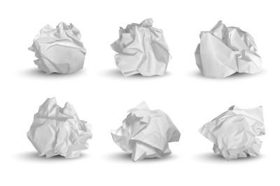 Crumpled balls. 3d garbage paper idea notes trash symbols decent vecto