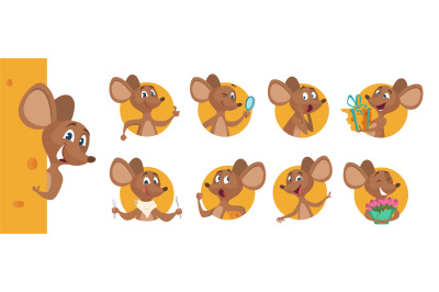 Cute mouse avatars. Peeking animal, happy hungry sad emotional cartoon