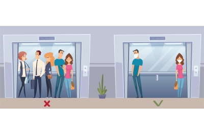 New elevator use rules. Virus flu prevention, people crowd and single