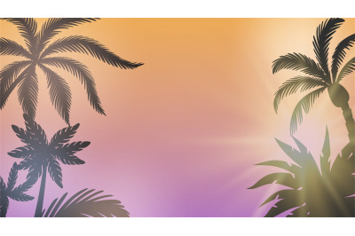 Palm background. Summer sunset&2C; sunshine between branches. Seasonal pa