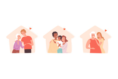 People with family in home silhouettes. Woman man with mothers&2C; parent