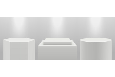 Realistic podiums. 3d pedestal in light, blank white expo stands vecto