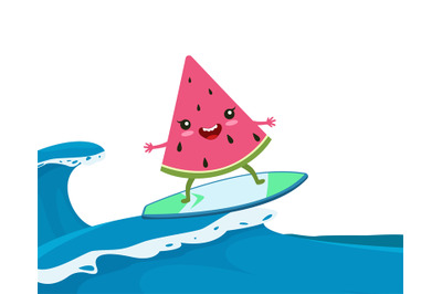 Summer watermelon surf. Funny surfing&2C; happy cartoon fruit swimming on