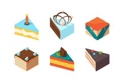 Cake pieces. Delicious isometric sweets tasty food birthday glazed gou