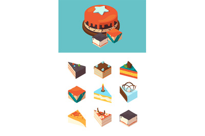 Isometric cakes. Delicious products sliced cake pieces garish vector i