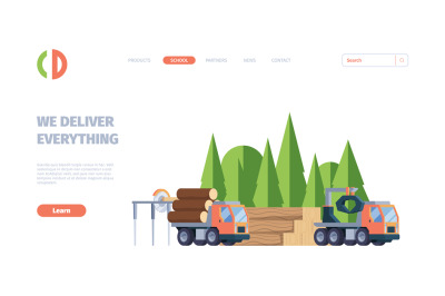 Wooden production. Business landing web page with forestry industry pr