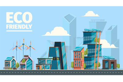 Eco city. Background with eco friendly constructions houses with smart