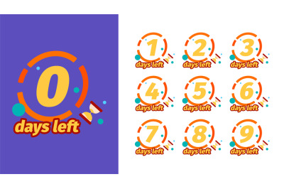 Days to go. Badges design with days counter timer weeks 1 one two thre