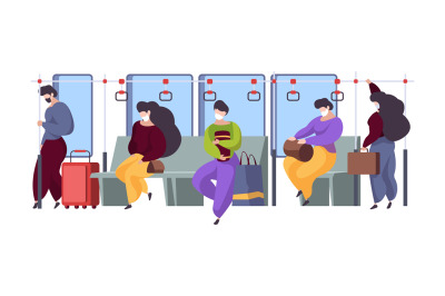 Public transport interior. People masked distance sitting in subway or