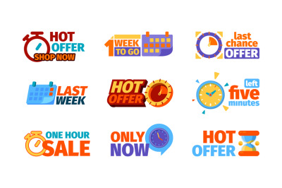 Countdown badges. Promotional hot offers symbols clocks hourly shoppin