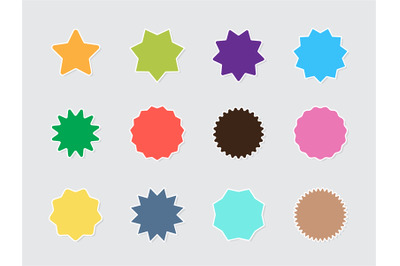 Burst stars. Circle colored emblems promo badges round starburst shape