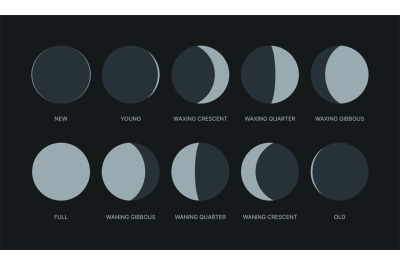 Moon phases. Night symbols for moon calendar circle round shapes logos