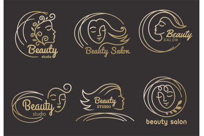 Beauty salon logo. Hairdressing symbols stylized female face modern re