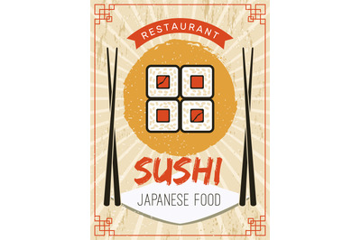 Sushi poster. Retro flyer or placard template stylized pictures of sea