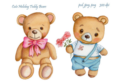 Holiday Teddy Bears. Watercolor.