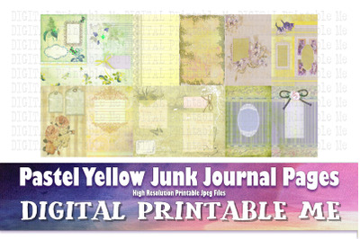 Junk Journal Pages Pastel Yellow Cards, Gold Scrapbook Kit Vintage Gru