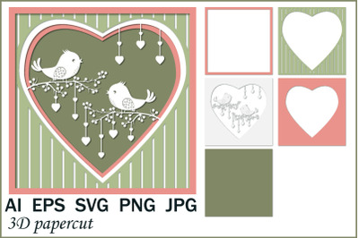 3D greeting card&2C; lovebirds&2C; papercut