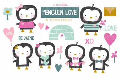 Penguin love clipart set