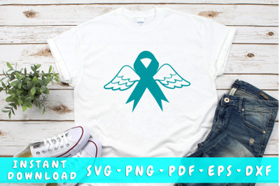 Ovarian cancer ribbon with angel wings svg