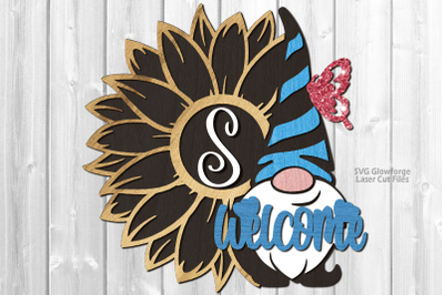 Monogram Sunflower Gnome Welcome Sign SVG Glowforge Laser Files