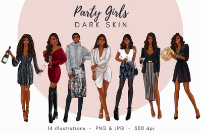 Party Girls - Dark Skin Watercolor Fashion Clipart
