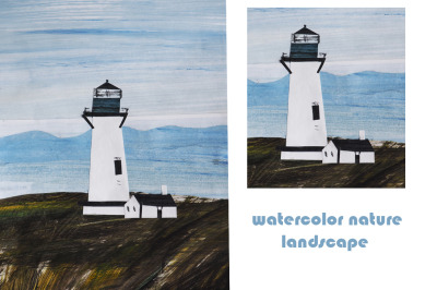 watercolor nature and landscape with ocean/sea and lighthouse