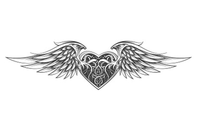 Heart with Wings Engraving Tattoo isolated on white