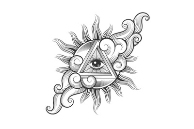 All seeing Eye Inside the Sun in a Skies Tattoo