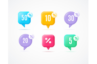 3d Different Sale Label with Percent Set Cartoon Style. Vector