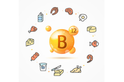 3d Vitamin B12 Gold Pill Capsule and Thin Line Icons. Vector