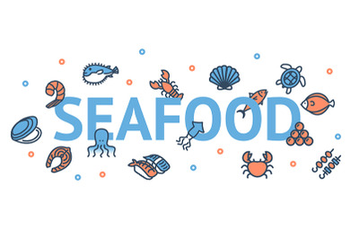 Seafood Poster Banner Card with Thin Line Icon Set. Vector