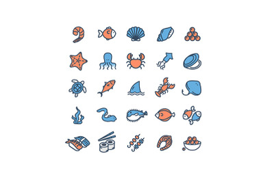 Seafood  Thin Line Icon Set. Vector