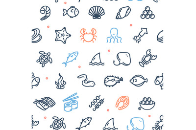 Seafood  Thin Line Seamless Pattern Background. Vector