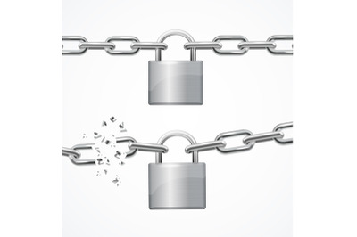 Whole and Broken Chain and Lock Set. Vector