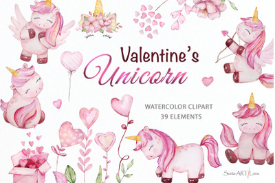 Watercolor Valentines Unicorn Clipart