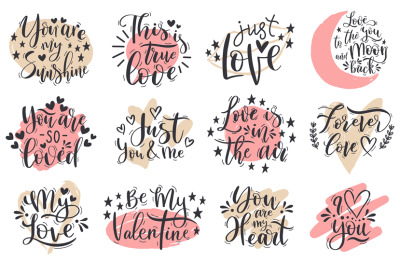 Handwritten romantic love valentines day lettering quotes. Happy valen