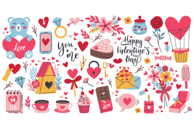 Cartoon romantic love valentines day elements and stickers. Heart shap