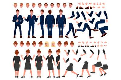 Cartoon business people constructor, poses, facial expressions, gestur