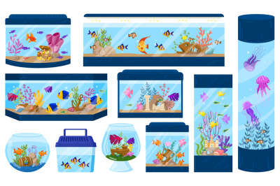 Cartoon aquariums with underwater fish, algae and corals. Aquarium und