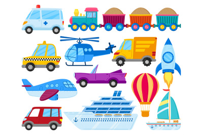 Cartoon kids play vehicles&2C; car&2C; rocket&2C; airplane&2C; train and boat. Chi