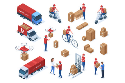 Isometric couriers, delivery service workers and logistic transport. P