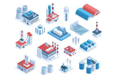 Isometric 3d factory, plant, mill buildings, industrial pipes and ware