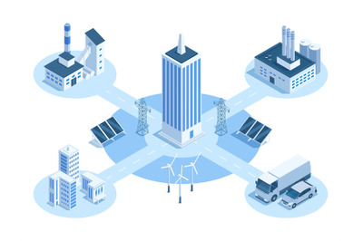 Isometric factory industrial facilities, buildings complex. Industrial