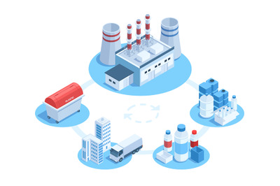 Isometric 3d industrial plastic recycling technology infographic. Tras