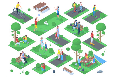 Isometric people walking, jogging, sitting on bench in city park. Park